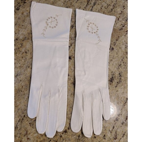 Vtg Size XS-S 6 Cream Soft Kid Leather Formal 10.5" Long Gloves Embroidered - Picture 1 of 15